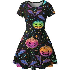 Halloween Dress for Women Short Sleeve Black Halloween Outfits Swing Dress